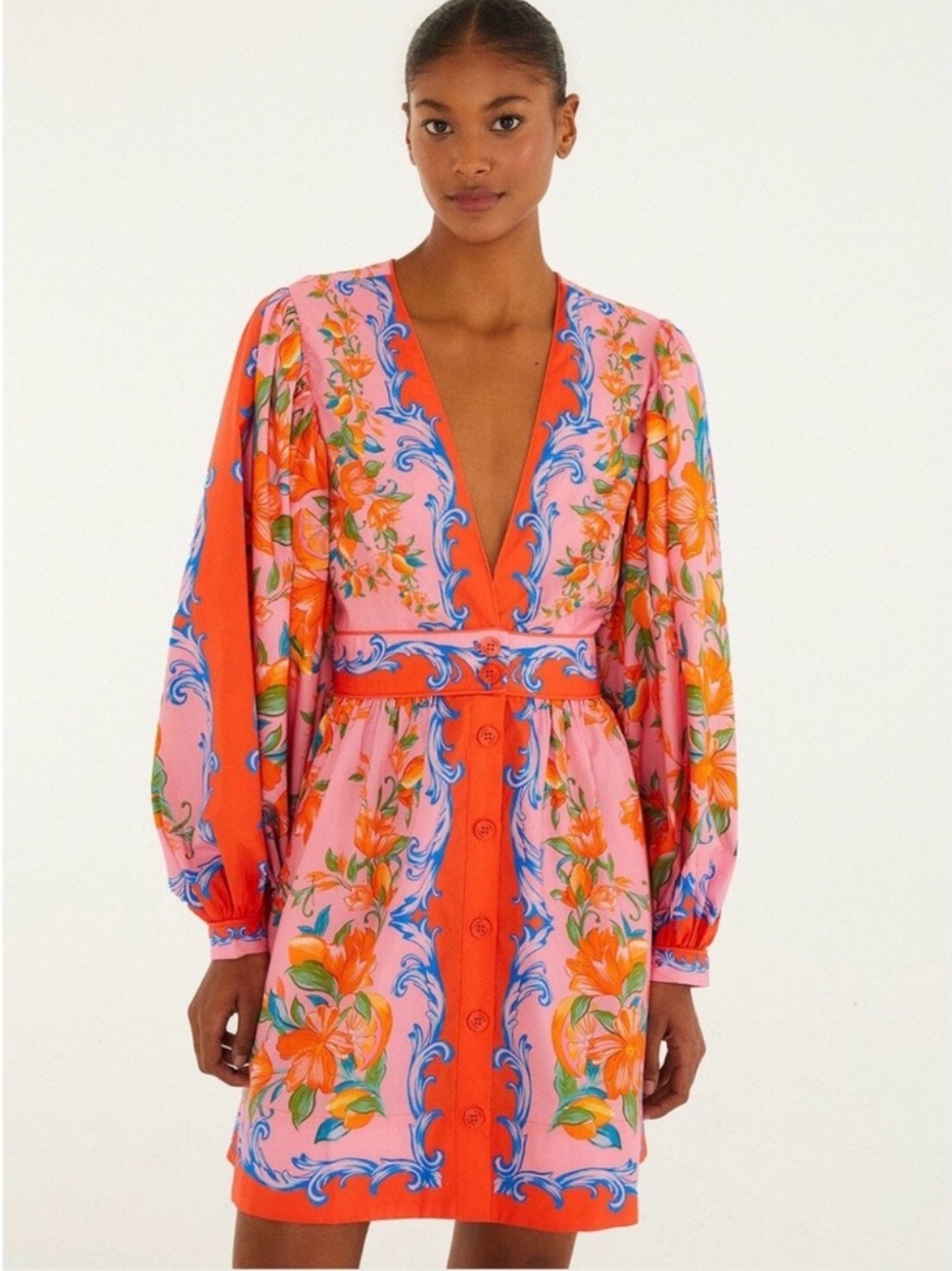 FARM Rio Sicily Flower Scarf Pink & Orange Floral V-Neck Mini Dress